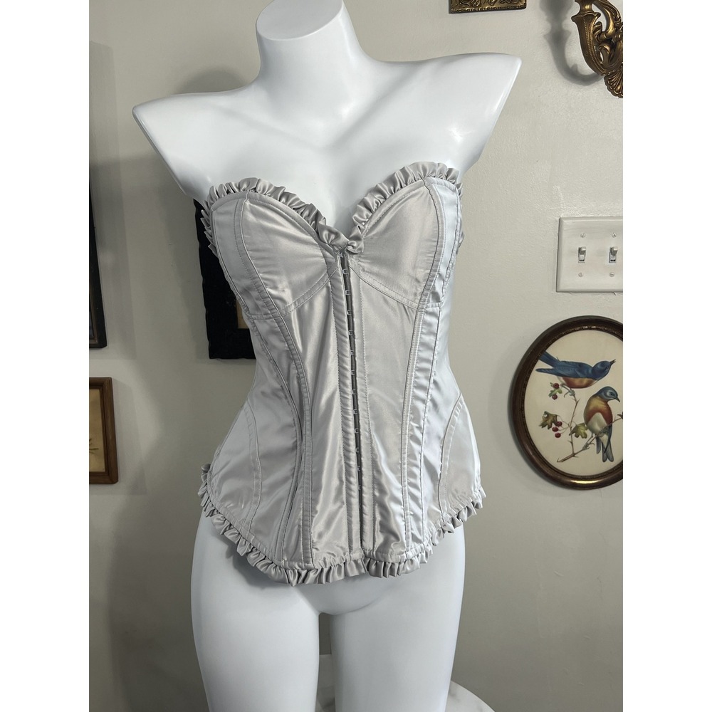 Victoria's Secret Sexy Little Things Silver Satin Ruffle Lace-Up Corset Size L